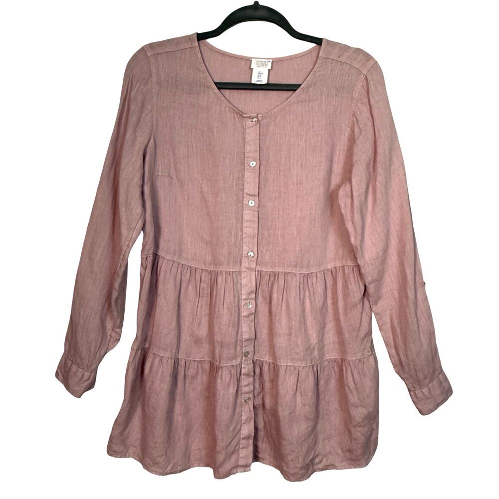 Sigrid Olsen Linen Blush Pink Button Front Tiered Tunic Top S Cottagecore Costal